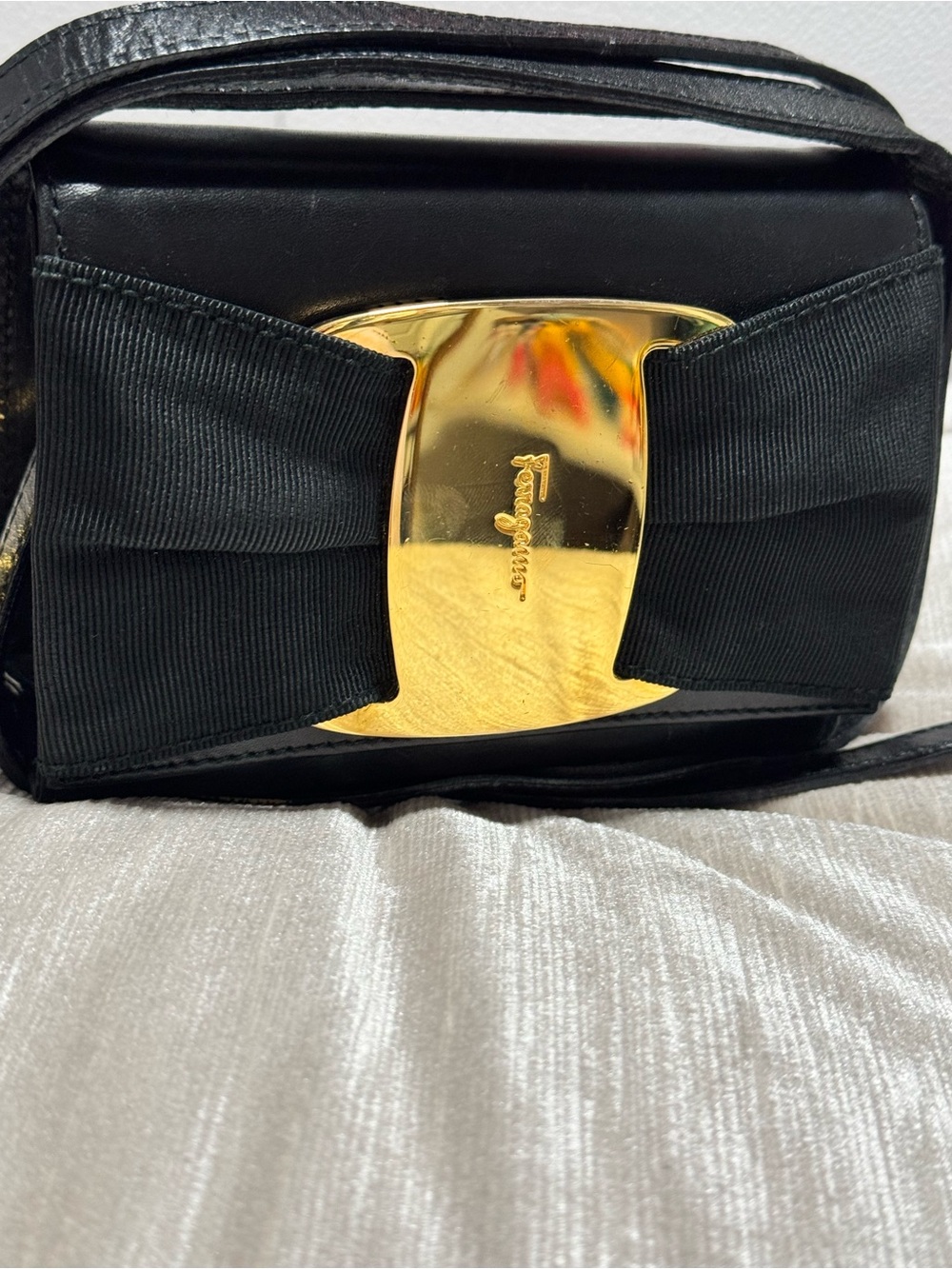 Salvatore Ferragamo Black Bow CrossbodyBag with Gold Plate
